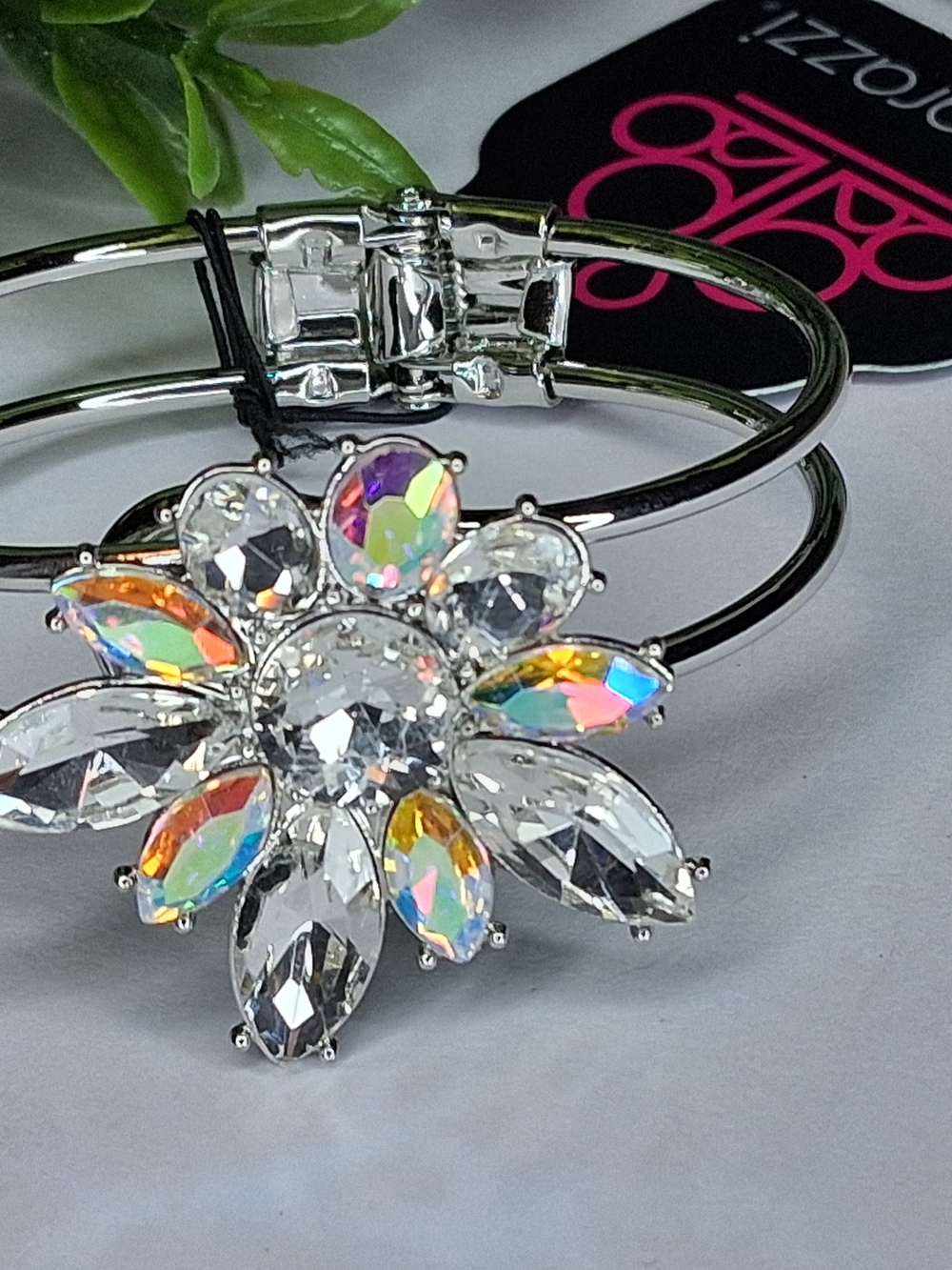 Silver Hinged Flower Bracelet With White And Multicolored Rhinestones